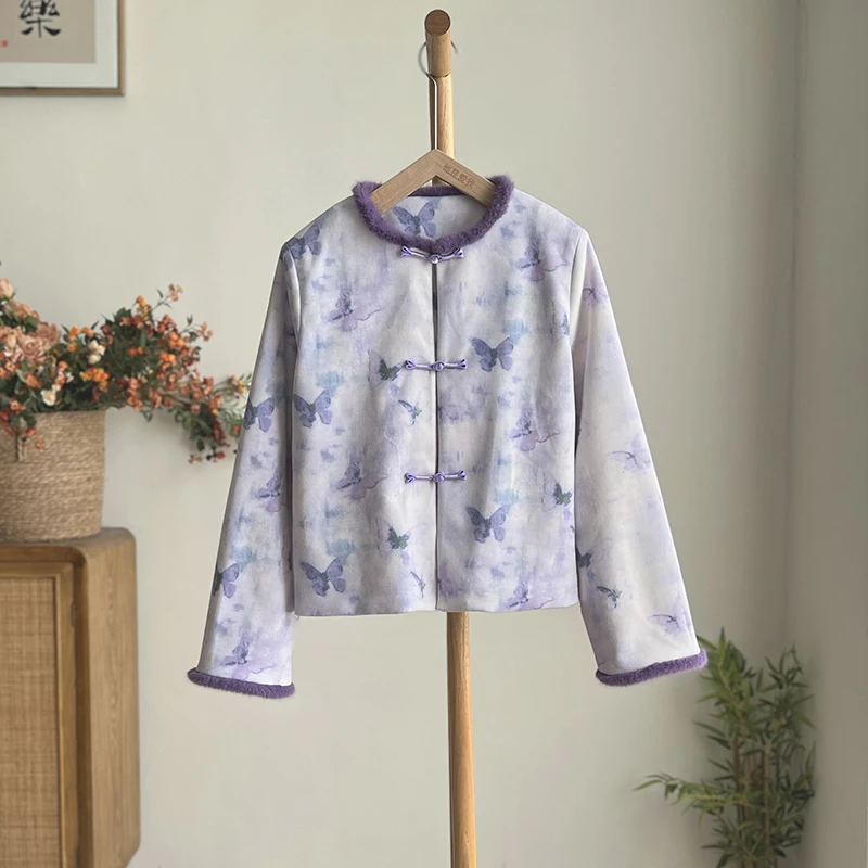 4035《莺语乱京歌》原创国风厚款圆领毛边印花上衣气质长袖对襟外套