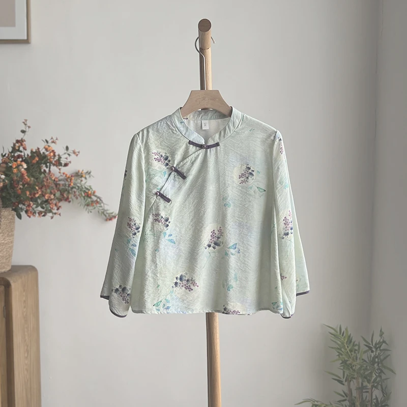 3719《漓卿》原创新中式复古斜襟衬衫国风立领晕染绑带上衣2024