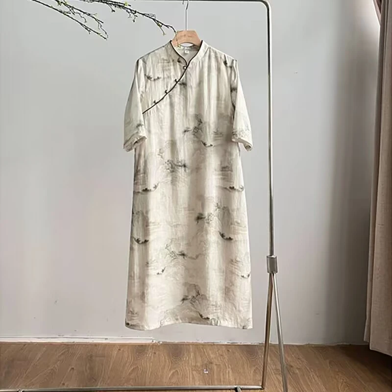 2444《山水涧》原创设计复古文艺立领改良水墨画宽松版旗袍女