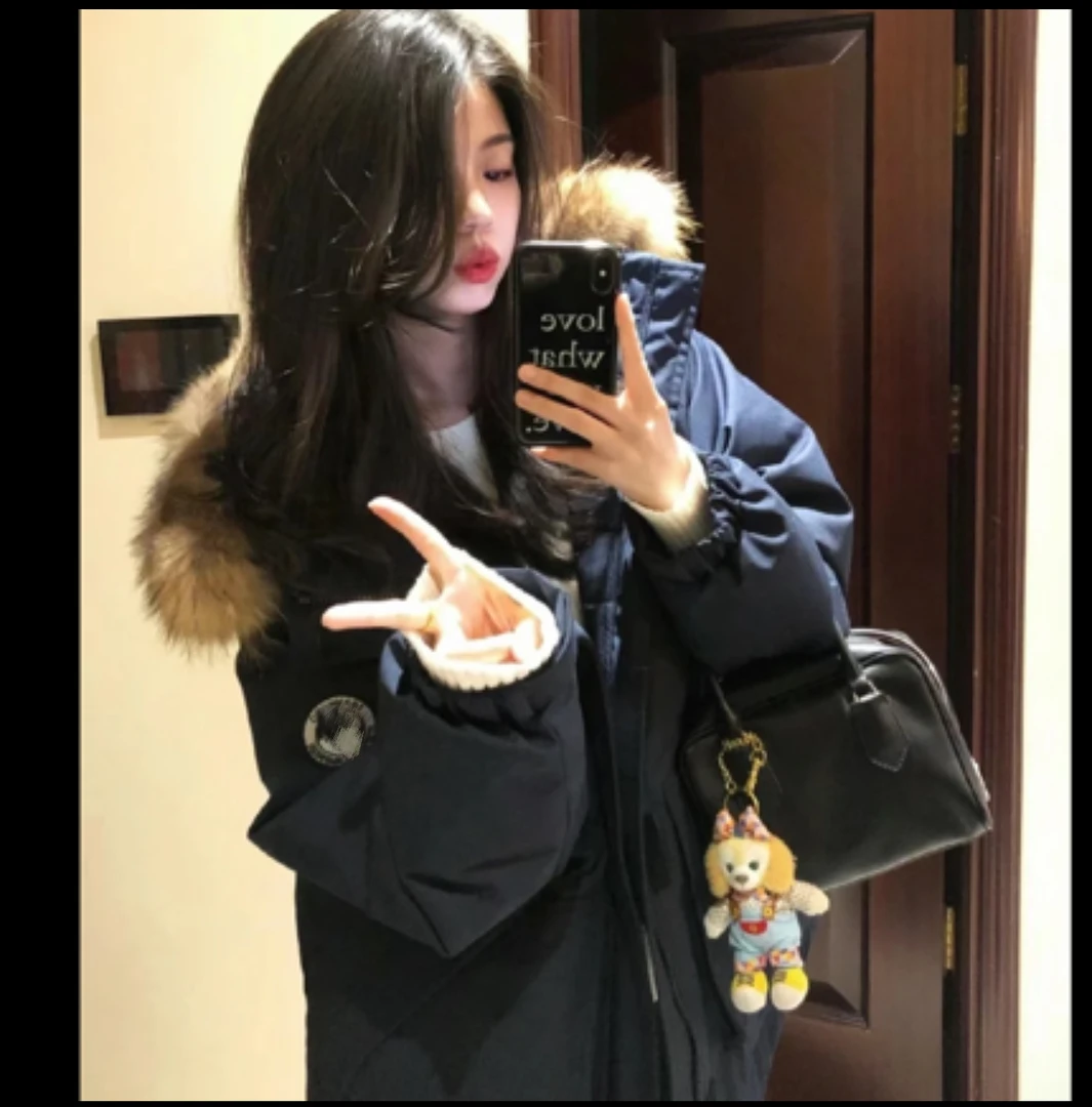 新款大毛领棉服女冬季2024年韩版宽松工装棉衣加厚藏青色棉袄外套