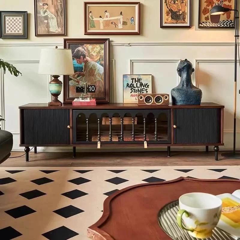 法式复古实木电视柜小户型客厅收纳储物柜一体黑色美式轻奢中古风