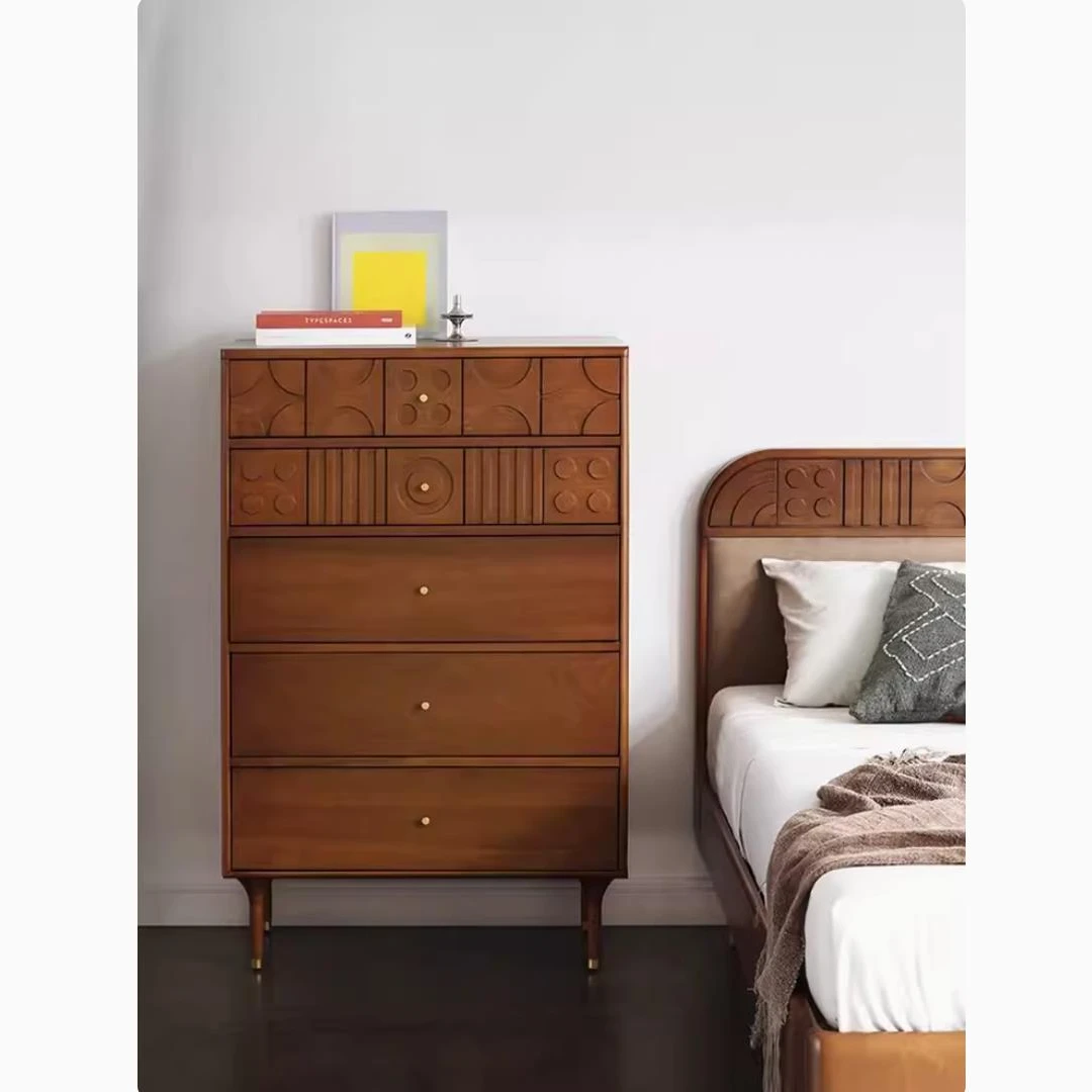 马德里五斗柜 黄杨木复古全实木雕花储物收纳中古客厅边柜