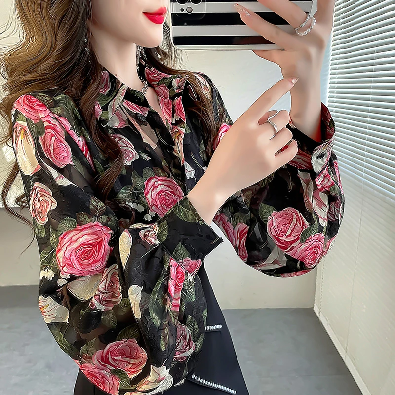 春装玫瑰花国风刺绣上衣灯笼袖衬衫宽松印花衬衣设计感高级雪纺衫