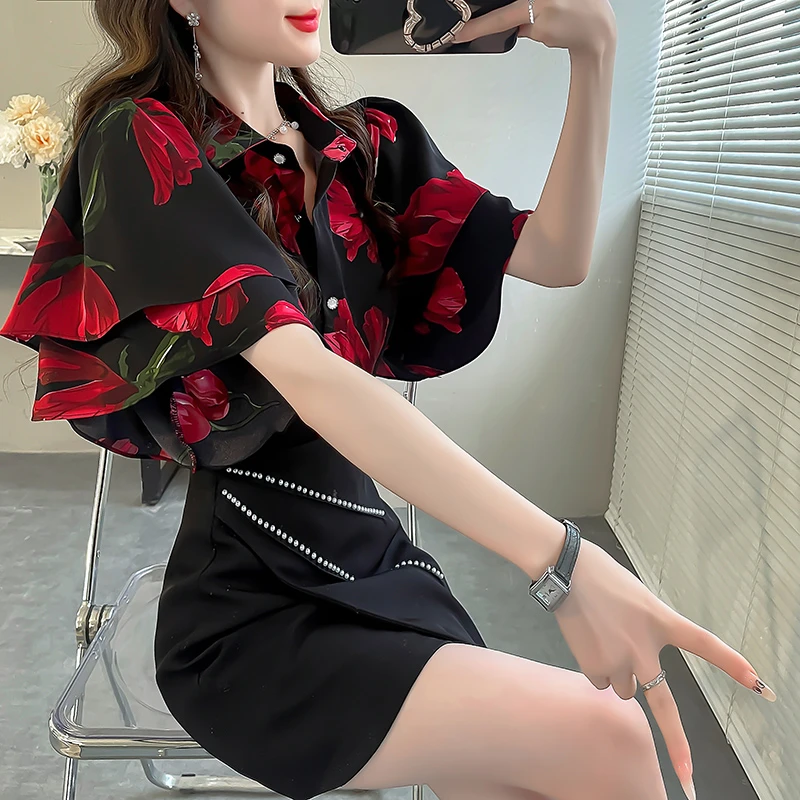 大码荷叶边短袖气质女士上衣复古印花新中式国风衬衫女高级感衬衣