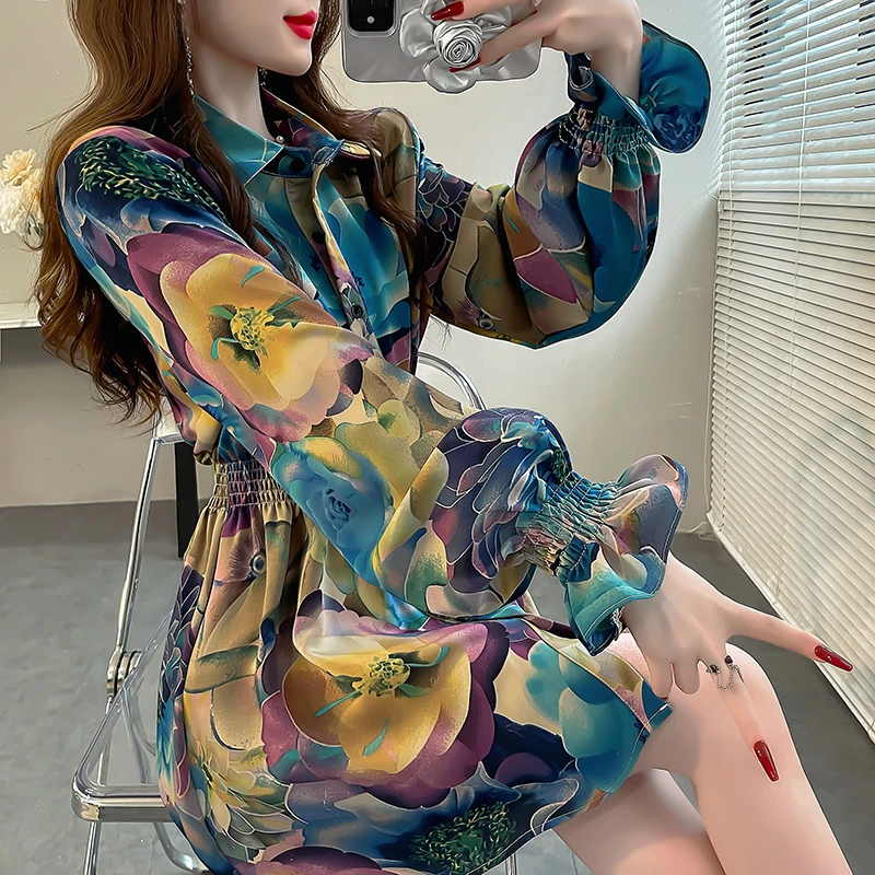 复古中式国风上衣别致印花中长款收腰衬衣显瘦荷叶边长袖衬衫女秋