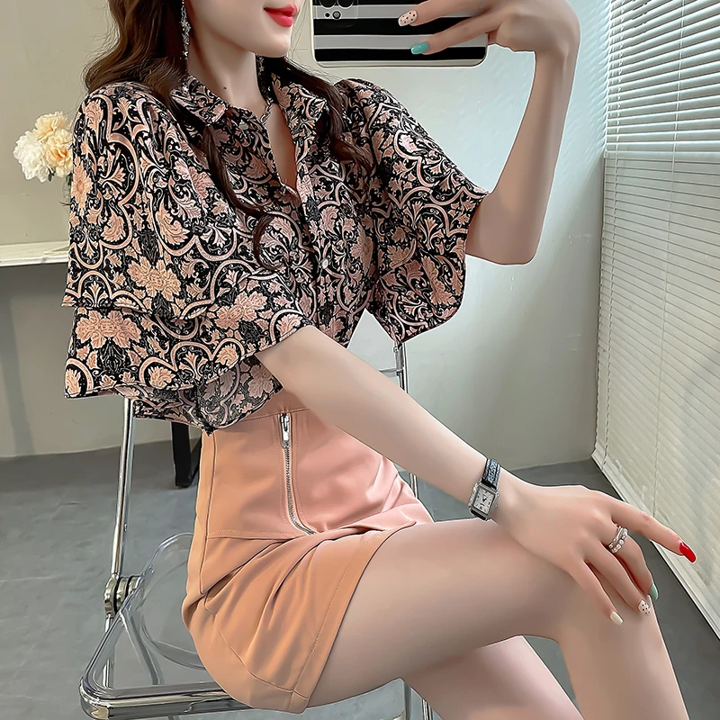 法式荷叶边高级感小众衬衫独特别致上衣轻奢女款夏季短袖印花衬衣