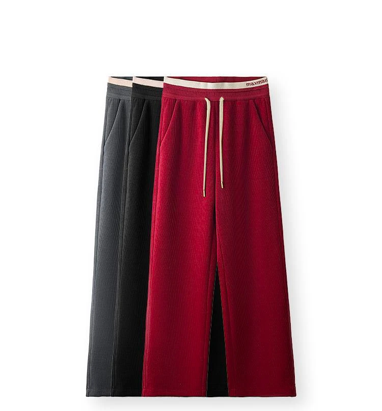 安可拉红2024秋冬高腰撞色显瘦抽绳休闲窄版阔腿裤