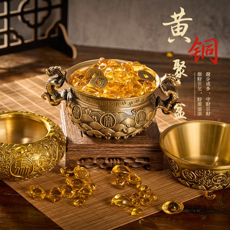 黄铜聚宝盆铜钱古典中式纯黄铜百福缸工艺品几何米缸