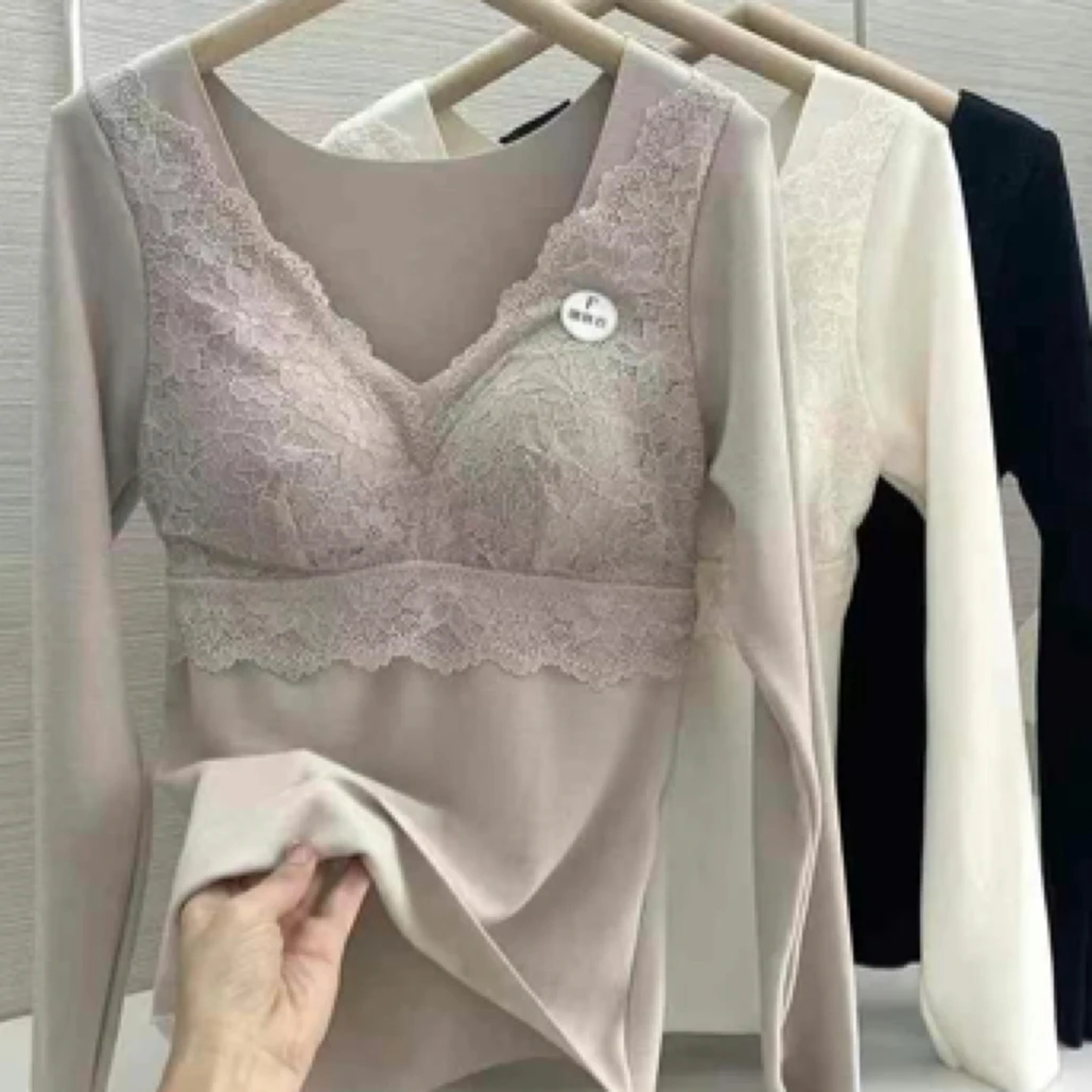 羊绒磨毛保暖内衣女秋冬季带胸垫一体免穿文胸内搭长袖上衣打底衫