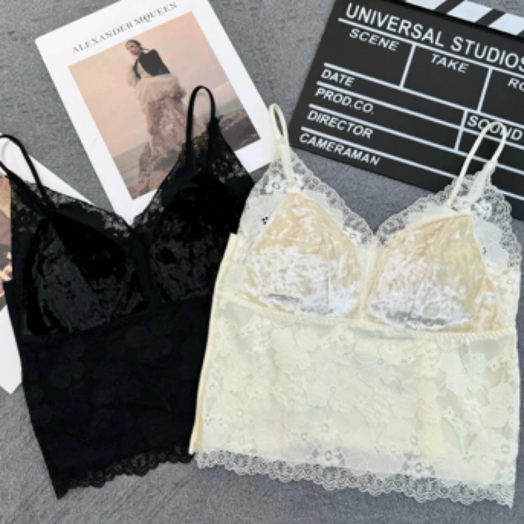 米娅林08338法式蕾丝性感金丝绒吊带背心中长无痕一体杯百搭内衣