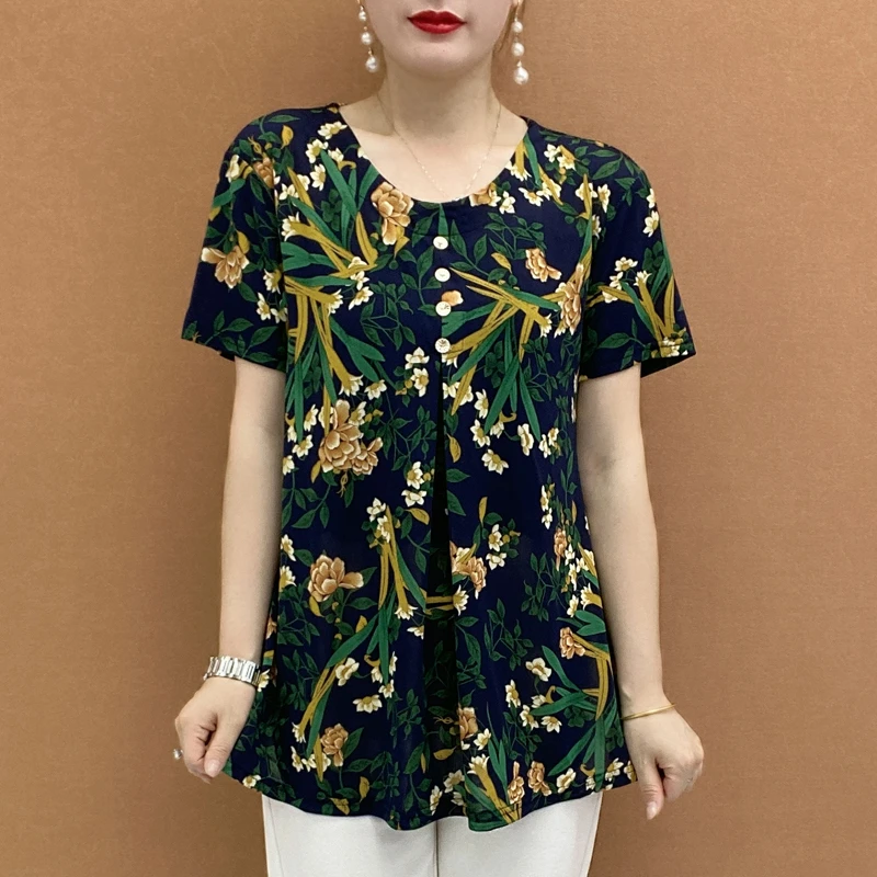中老年女装妈妈装加肥加大夏装宽松短袖大码上衣夏季半袖遮肚小衫