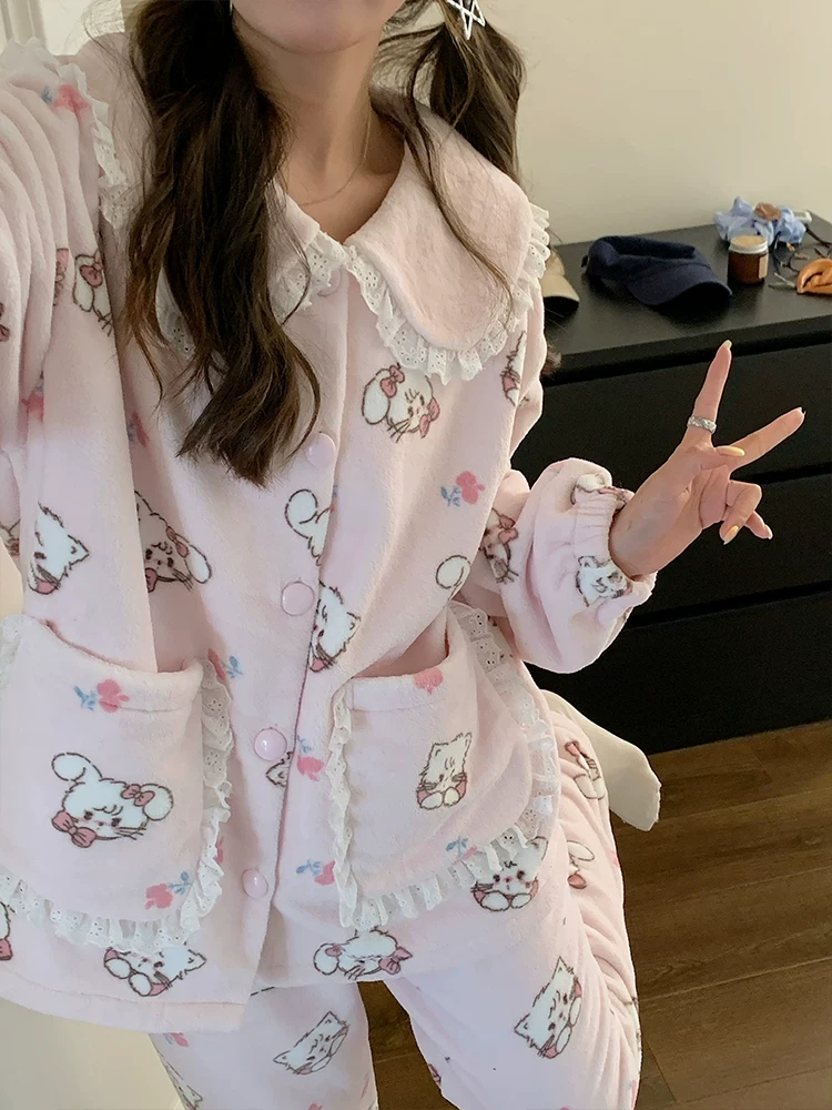粉色少女睡衣秋冬季新款珊瑚绒加绒加厚可爱mikko家居服保暖套装