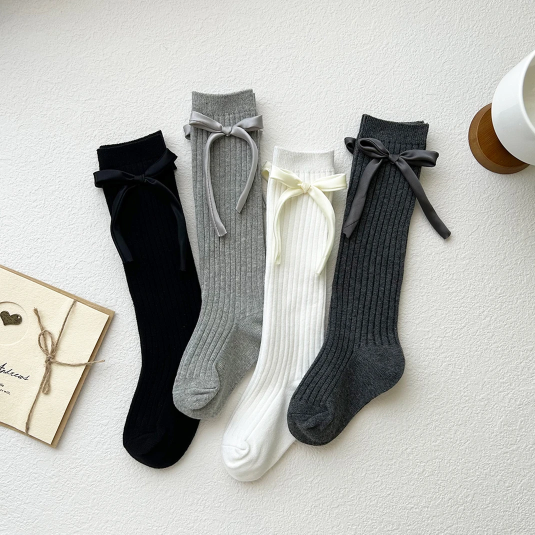 女童黑色春秋款韩系洋气儿童中筒袜秋季棉袜女孩宝宝蝴蝶结长筒袜