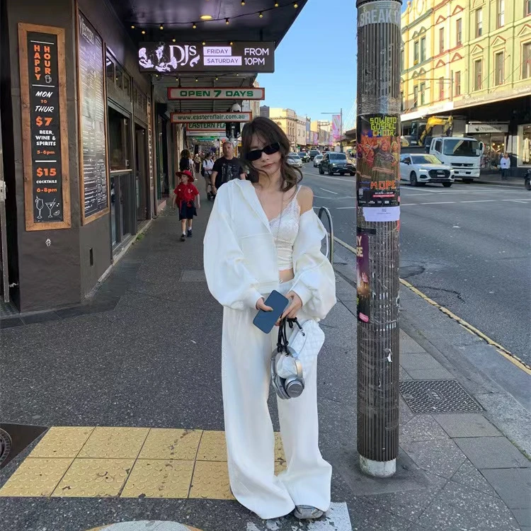 2024早秋新款时尚套装白色休闲百搭运动显瘦宽松连帽炸街网红百搭