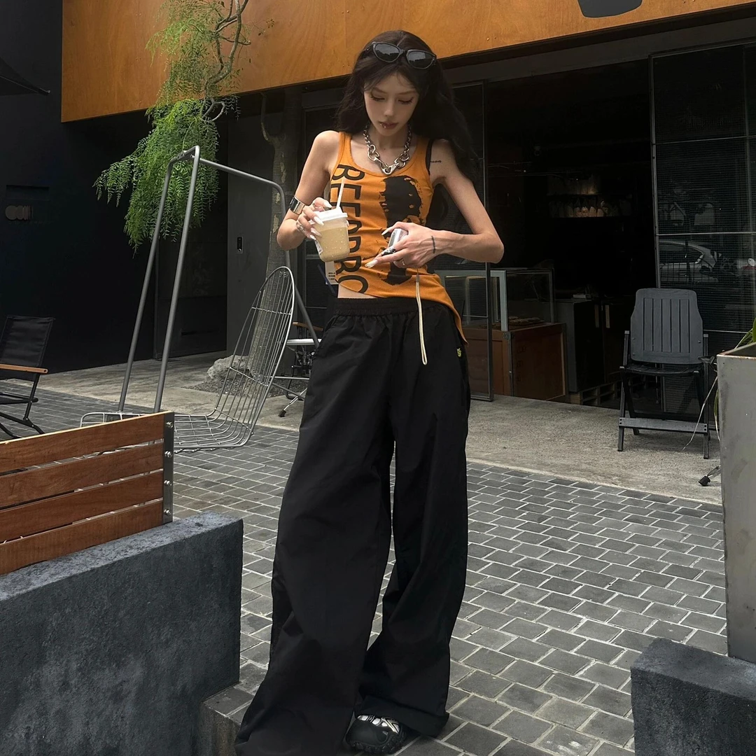 酷拽设计感不规则下摆辣妹背心女夏季美式复古像印花无袖小上衣