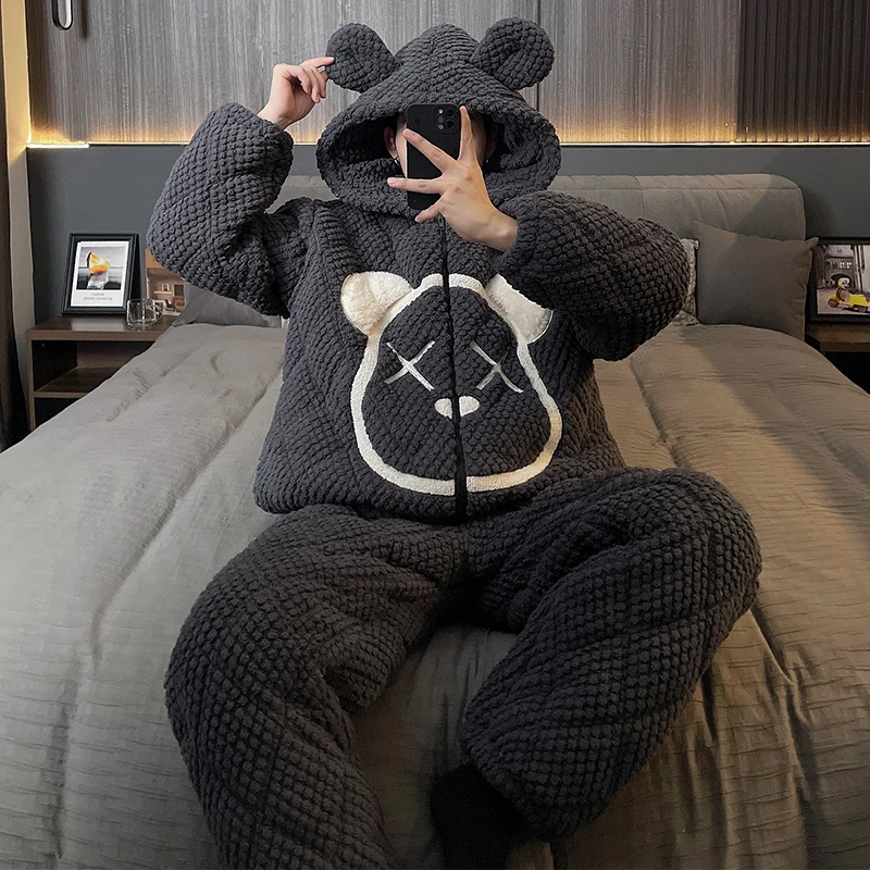 睡衣男冬法兰绒三层夹棉2023新款大码珊瑚绒加厚加绒两件套家居服