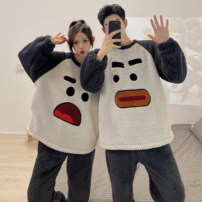 珊瑚绒情侣睡衣秋冬2023新款法兰绒家居服加厚加绒一男一女两件套
