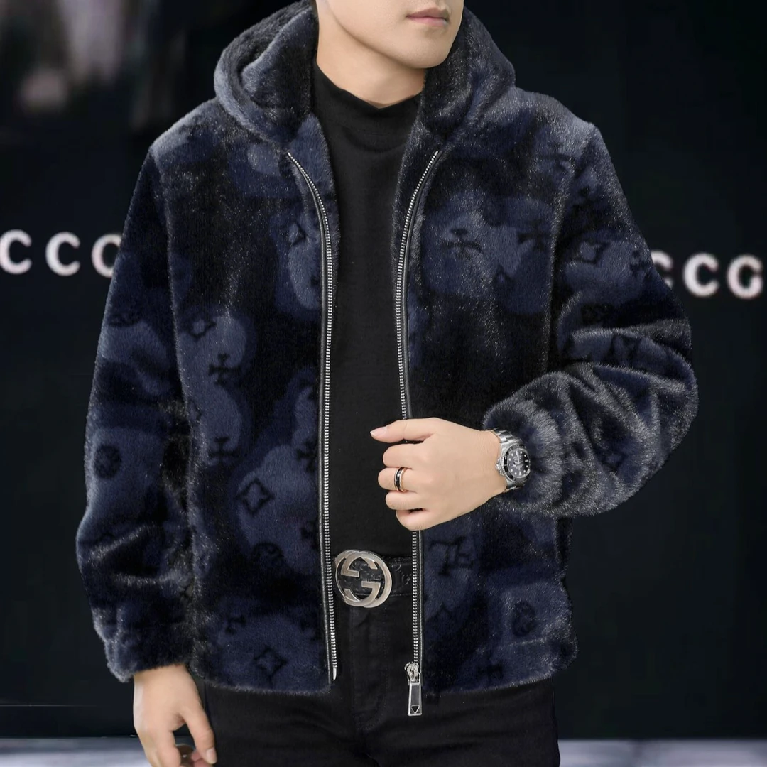 进口芬兰貂立翻领厚款印花冬季轻奢男款休闲百搭连帽皮毛男装