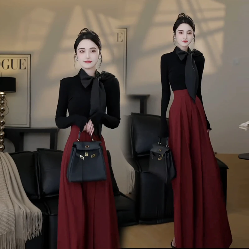 轻熟时尚气质套装女春秋新款蝴蝶结T恤上衣显瘦阔腿裤减龄两件套