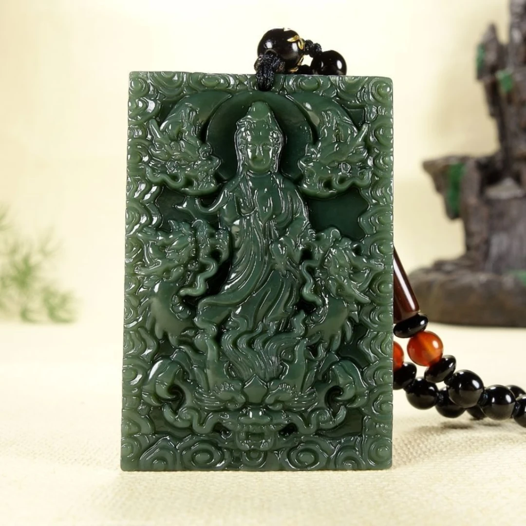 天然和田玉青玉精雕九龙观音吊坠双面雕刻乘龙观音保平安挂件玉佩