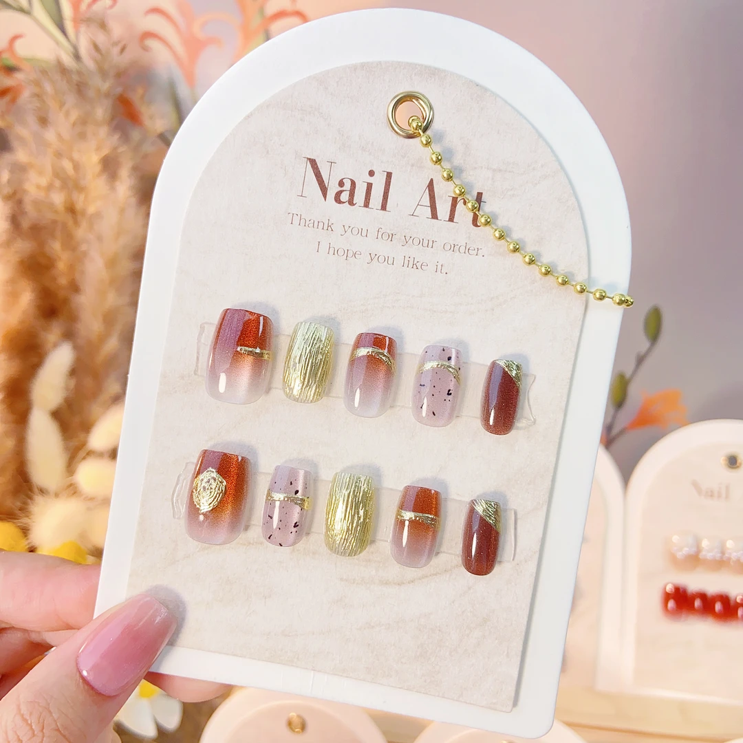 【白月牙】10片手工穿戴甲复古短短T猫眼显白极简设计高级感美甲689