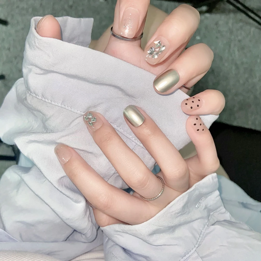 ins短款穿戴甲镜面波点镶钻美甲片夏日新款可拆卸甲片成品【24片】