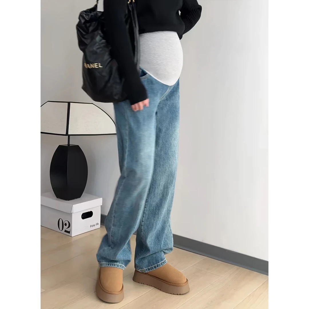 孕妇窄版阔腿裤牛仔裤春秋款托腹高腰外穿时尚宽松显瘦长裤春秋装