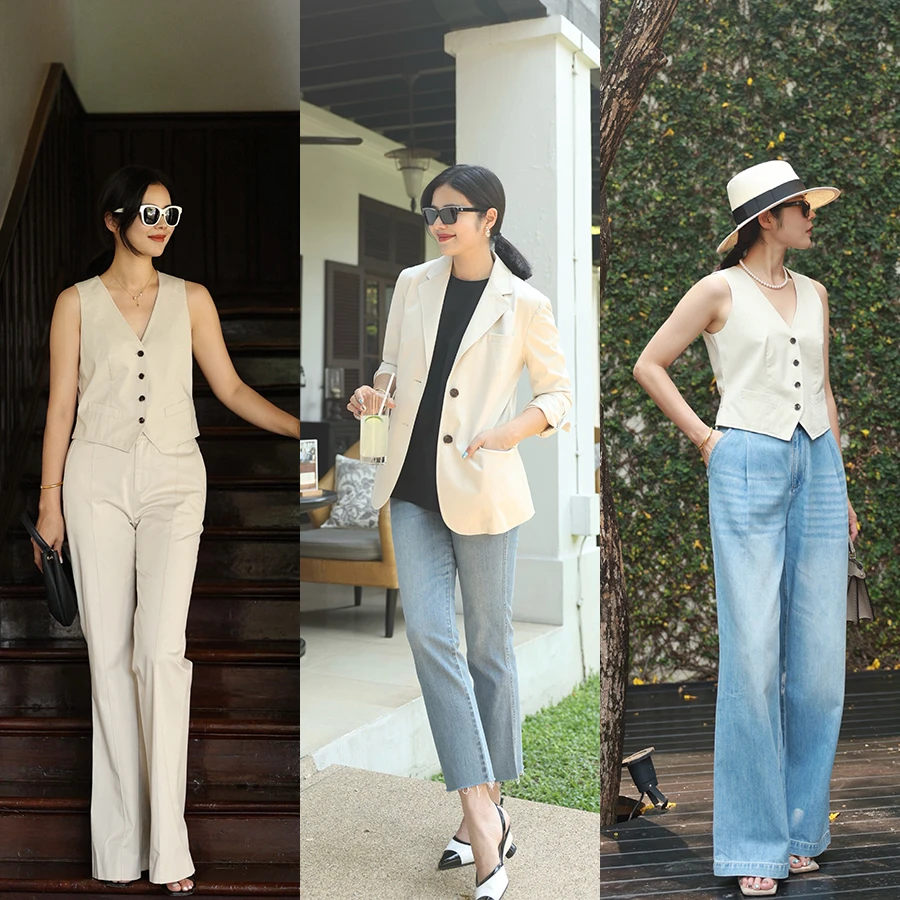 COLINWANG-优雅的远游|精梳长绒棉西装马甲微喇裤套装张若愚