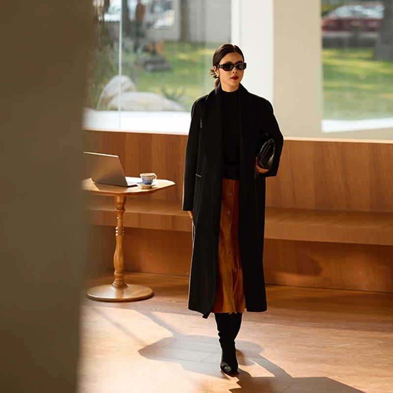 COLINWANG-内蒙山羊绒极简优雅设计感青果领大衣外套张若愚