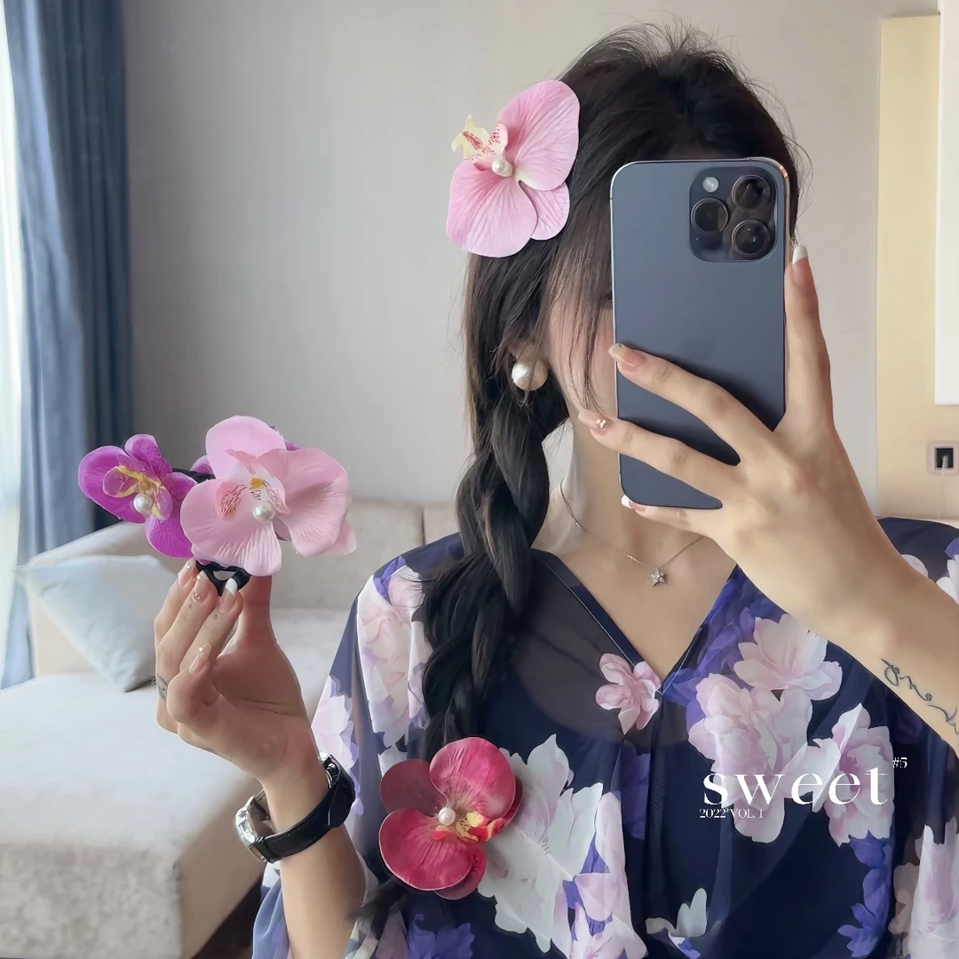 SWW今生戴花今世漂亮新款兰花珠珠立体抓夹边夹发夹头饰甜美发卡