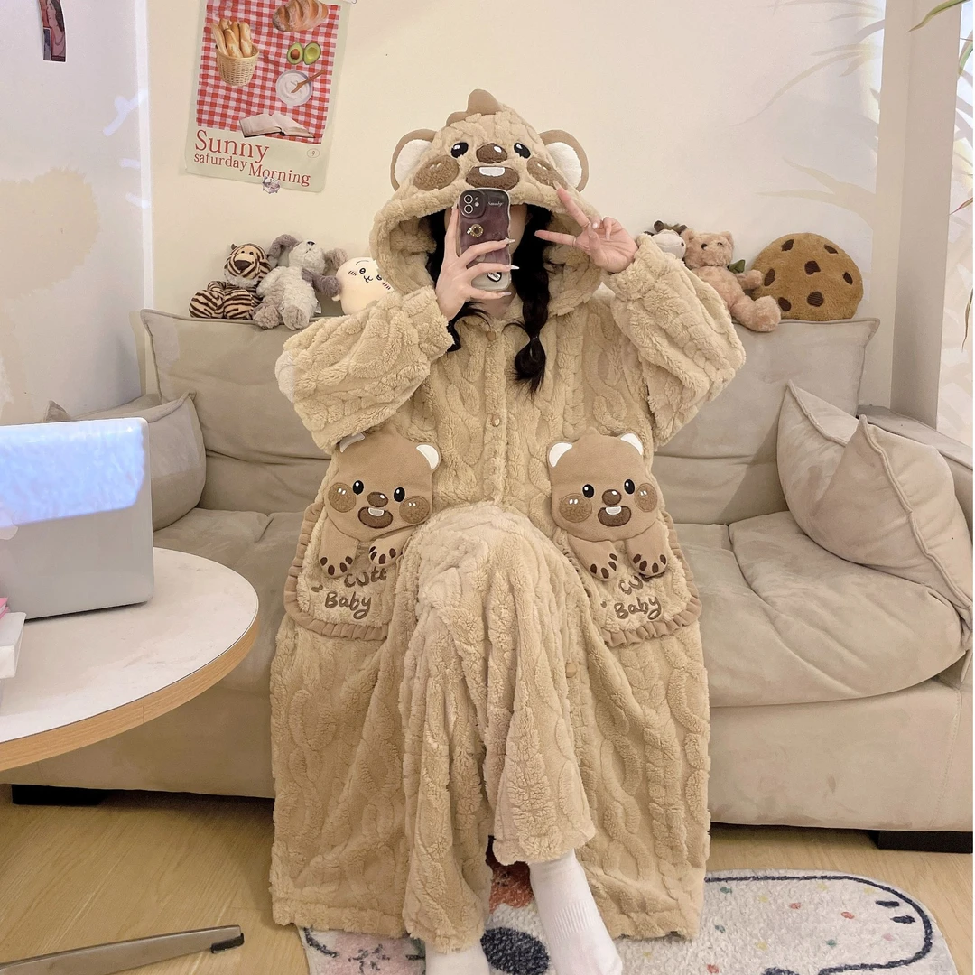 秋冬新款睡衣女士加绒加厚连帽学生可爱珊瑚绒冬天保暖睡袍中长款