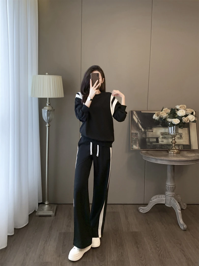2023秋季新款高端洋气黑色时尚休闲运动套装卫衣阔腿裤两件套