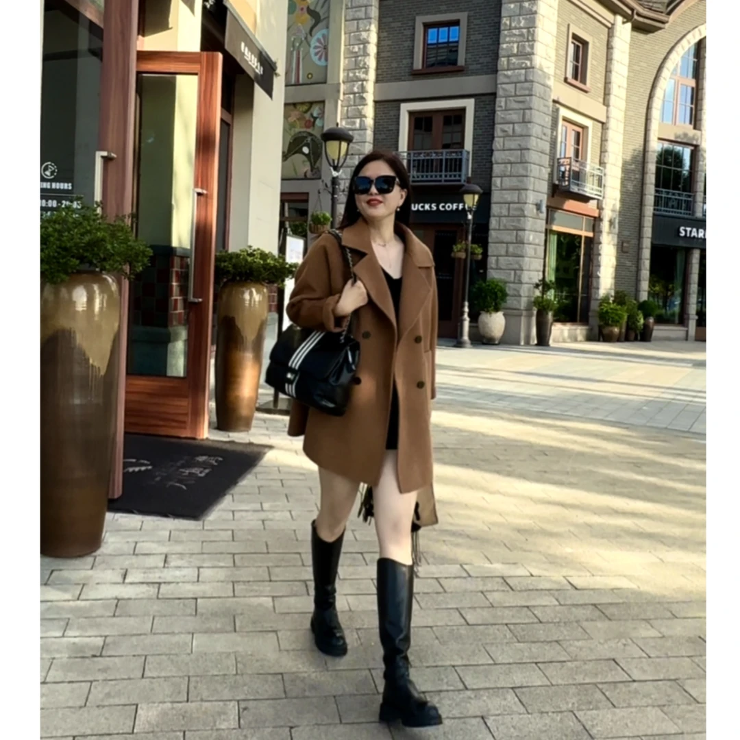 蓉姐姐-2024秋冬高货骆驼绒斗篷宽松韩版短款双面羊毛大衣 29096