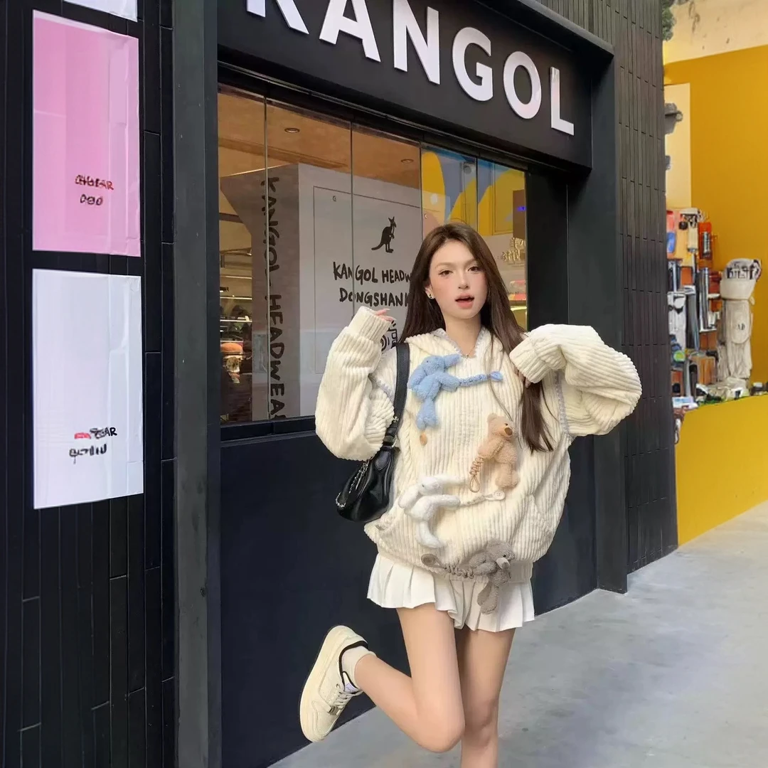 彩色四只熊灯芯绒卫衣开衫