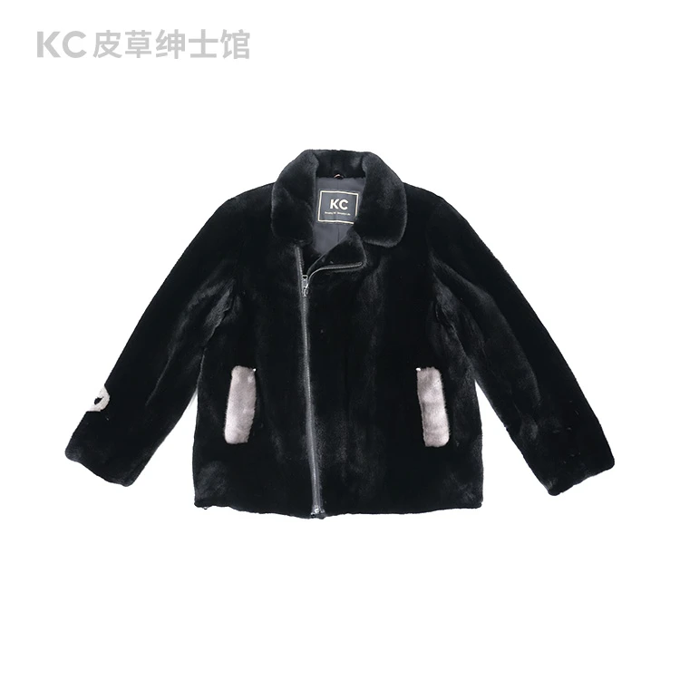 KCKC男士皮草黑色铁灰拼色西服领Q600508
