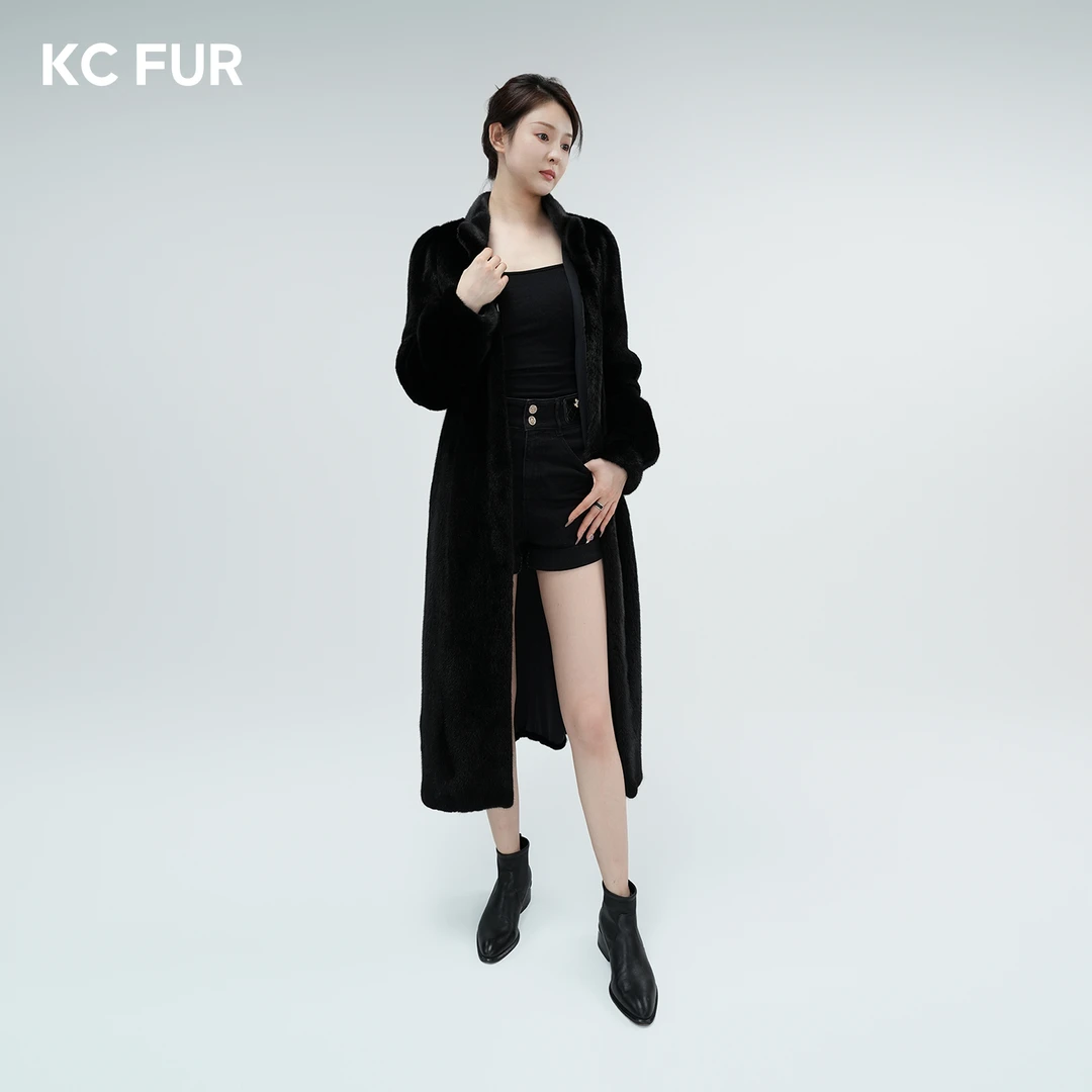 KC【KC皮草】黑色立领百搭长款女PQ008TM