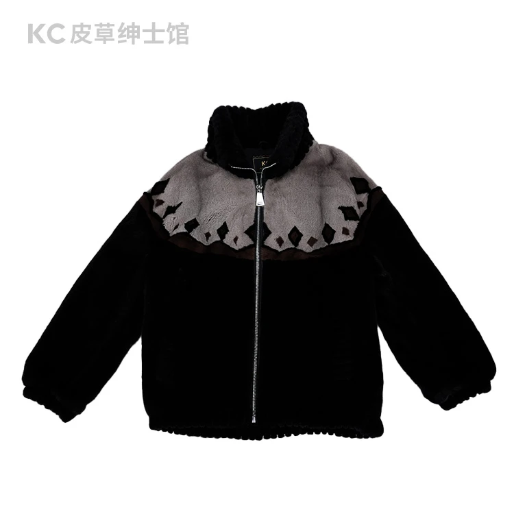 KCKC男士皮草黑色间银兰翻领直袖Q136328