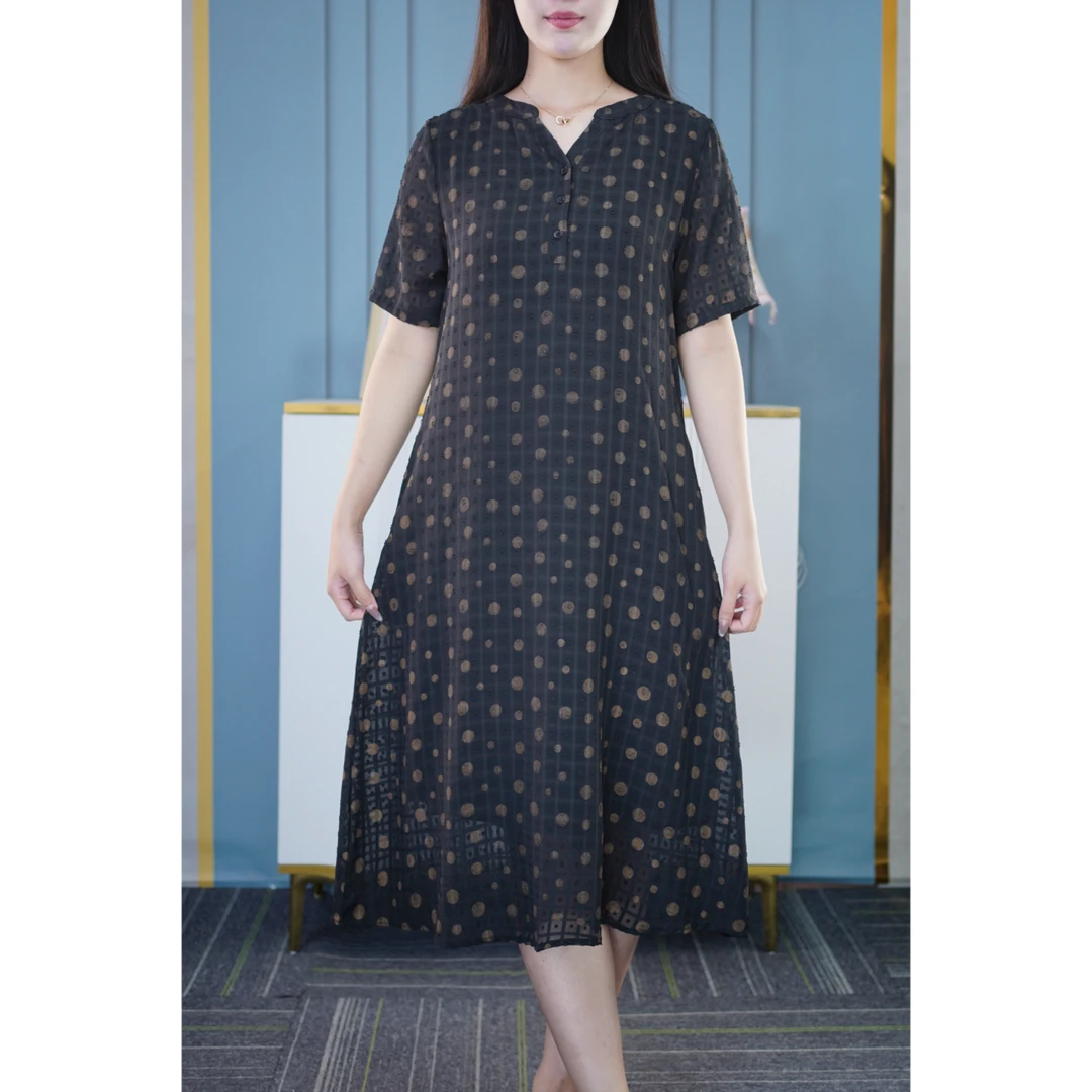 中老年妈妈高端上档次波点连衣裙夏季V领减龄微胖mm大码女装裙子