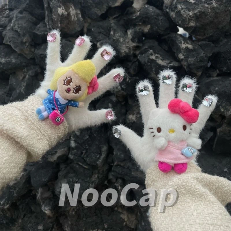 kitty玩偶水钻分指手套原创不规则可爱y2k情侣保暖毛绒手套