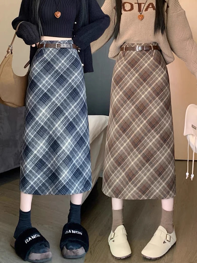 秋冬毛呢半身裙经典格子设计A字高腰显瘦长裙（以实物为准）
