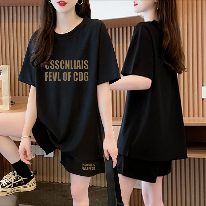 夏季简约休闲纯棉短袖T恤+短裤两件套女2024新款韩版宽松运动套装