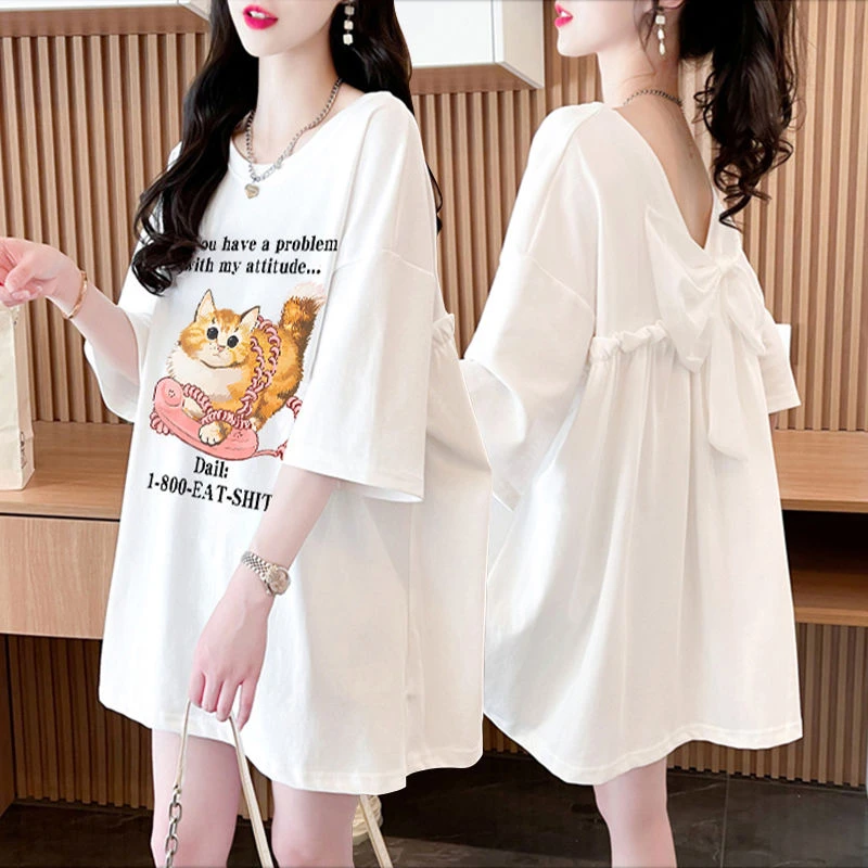 韩版洋气蝴蝶结纯棉短袖T恤女2024夏季宽松中长款胖mm体恤衫上衣