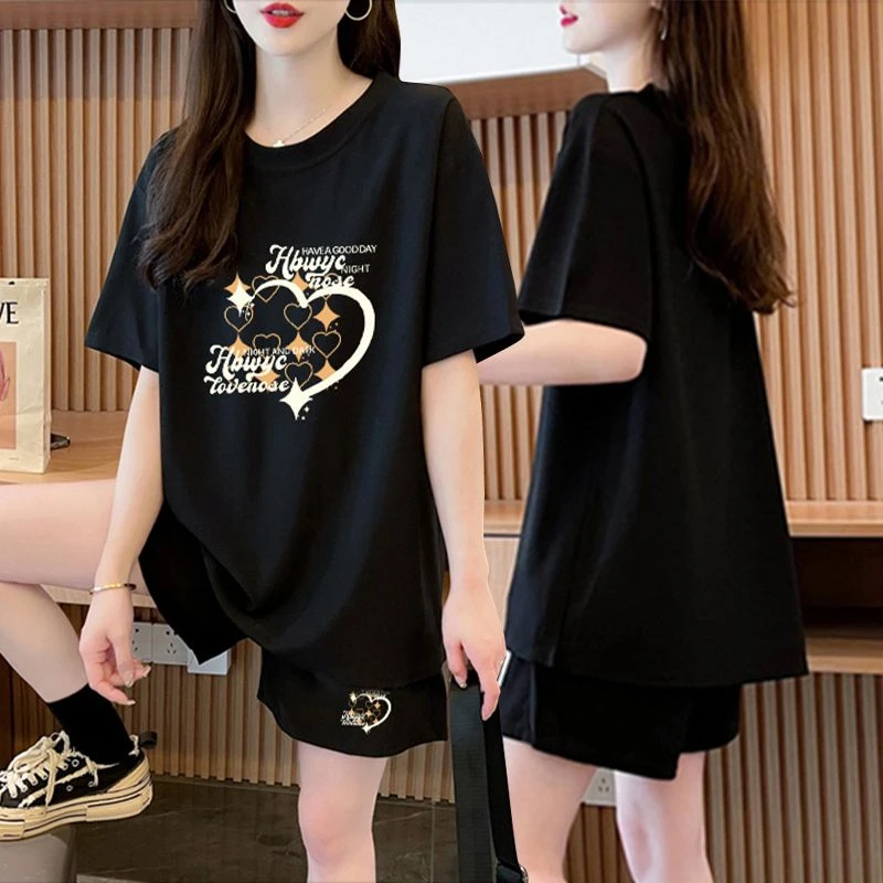 夏季纯棉休闲运动短袖套装女2024新款韩版百搭短袖T恤+短裤两件套