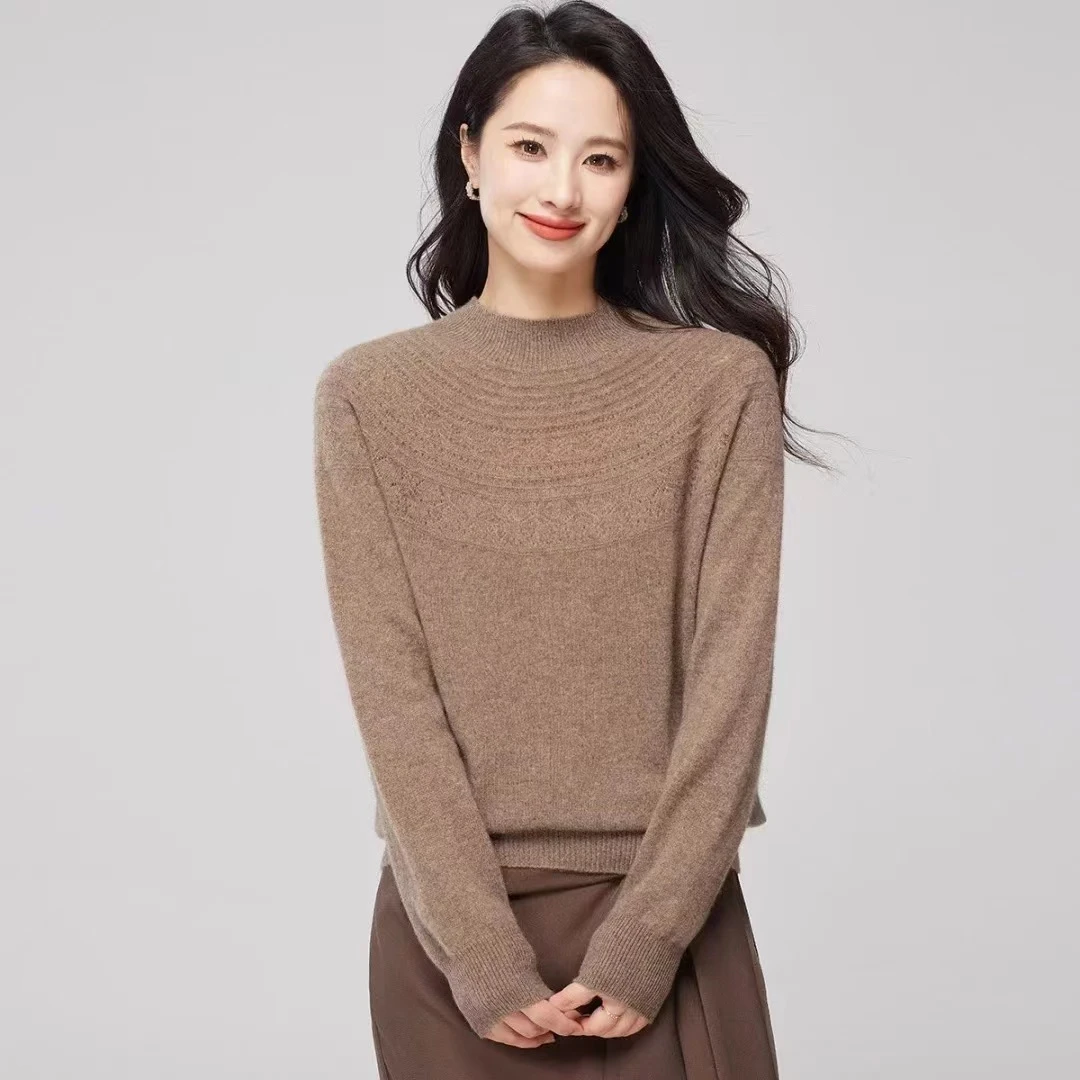 100%山羊绒镂空半高领一线成衣羊绒衫WF028