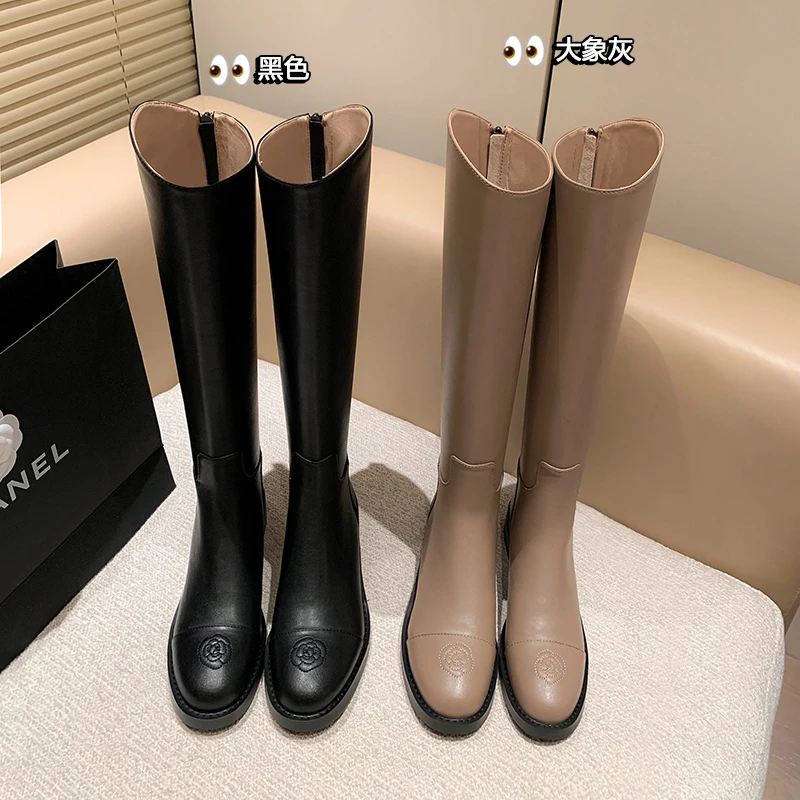 【牛皮】跟高3.5cm 真皮显瘦骑士靴女冬季斜口山茶花高筒靴平底长靴