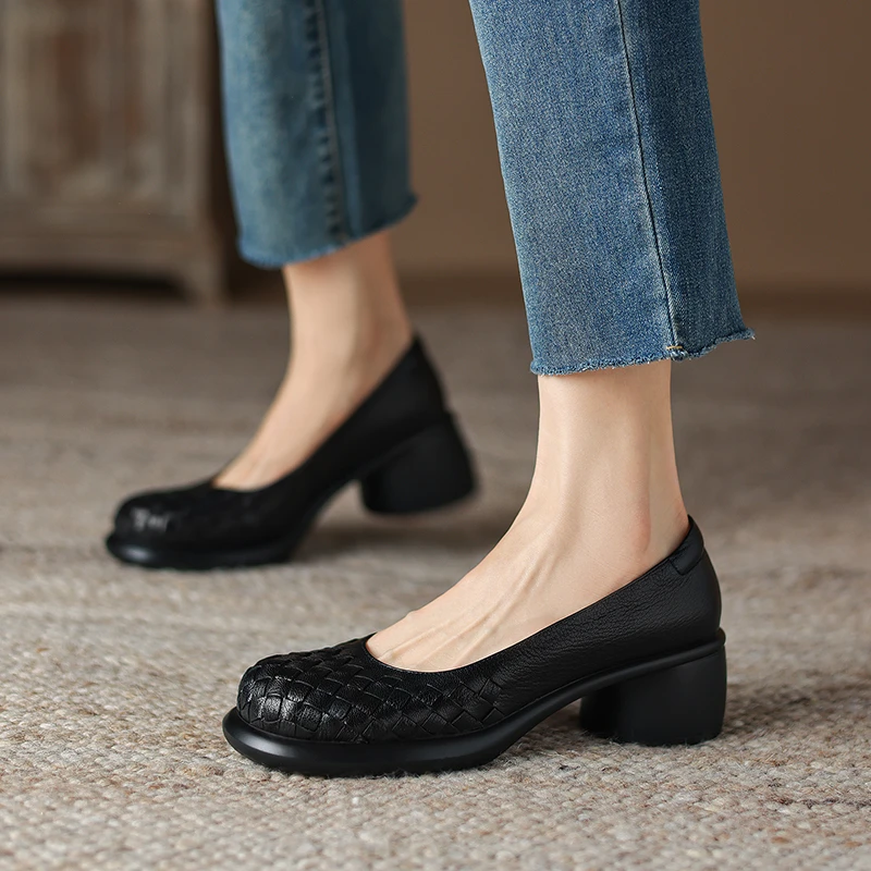 软羊皮/5cm 真皮软底厚底鞋增高 百搭玛丽珍粗跟方头浅口复古单鞋