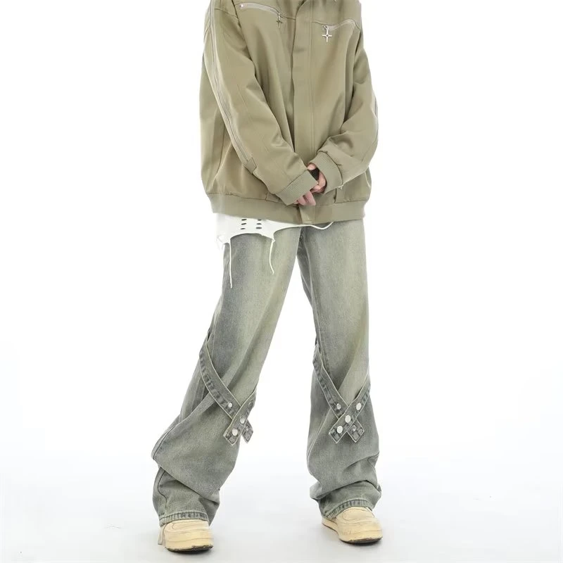 港风潮男夏季新款2023个性字母牛仔裤嘻哈ins潮高街潮流痞帅长裤