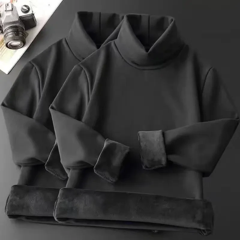 秋冬季男士长袖T恤加绒加厚中高领防寒保暖打底衫内搭纯色半高领