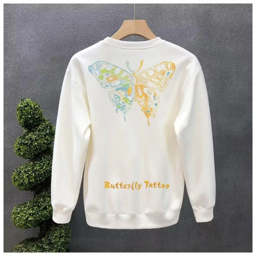 秋冬新款蝴蝶印花街头ins潮流百搭男装上衣长袖圆领加绒卫衣网红