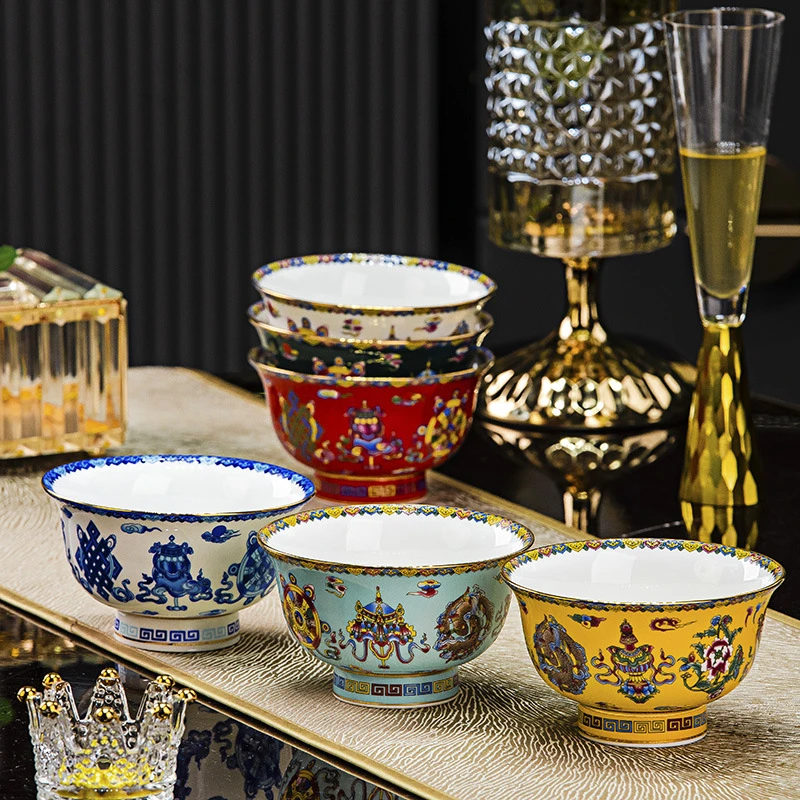 4.8英寸藏族八宝石榴汤碗景德镇中式米饭碗骨瓷家用餐具高脚防烫